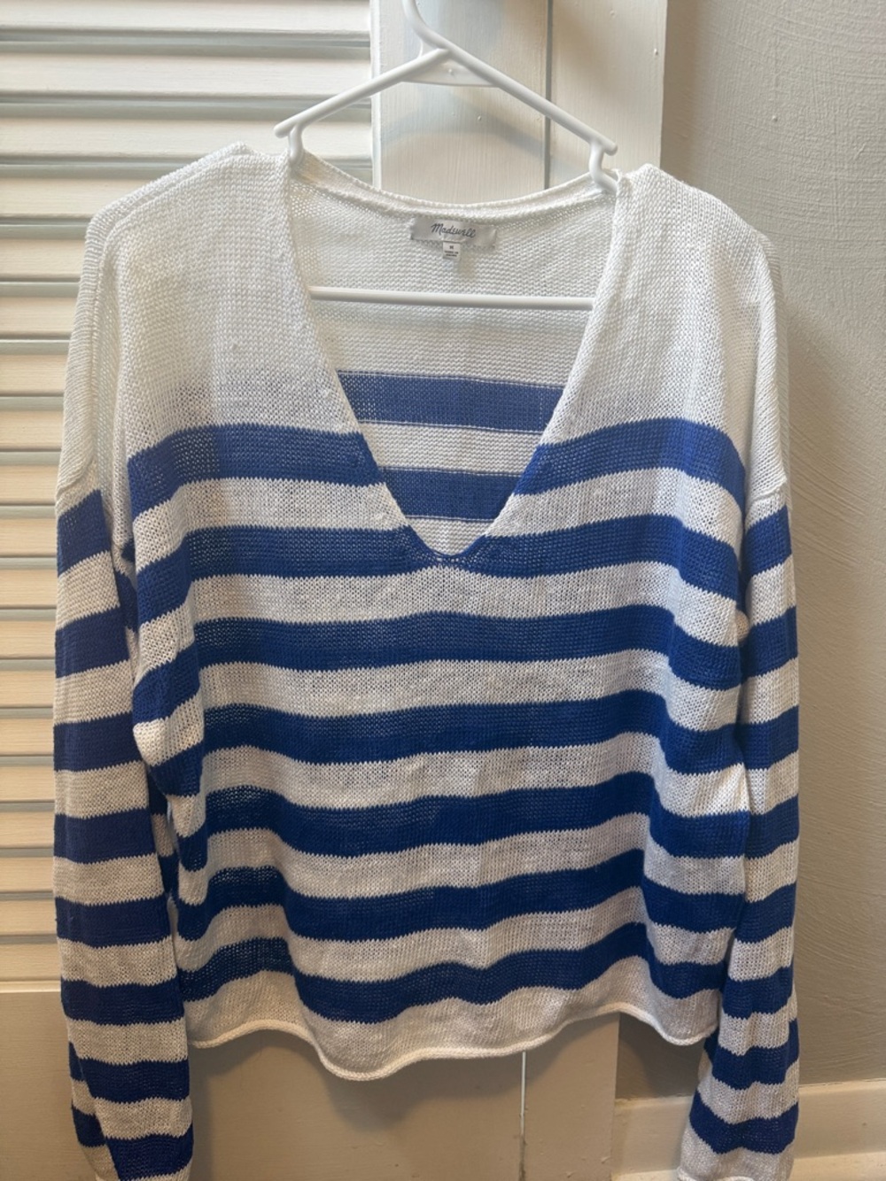 Madewell White and Blue Striped V-Neck Sweater